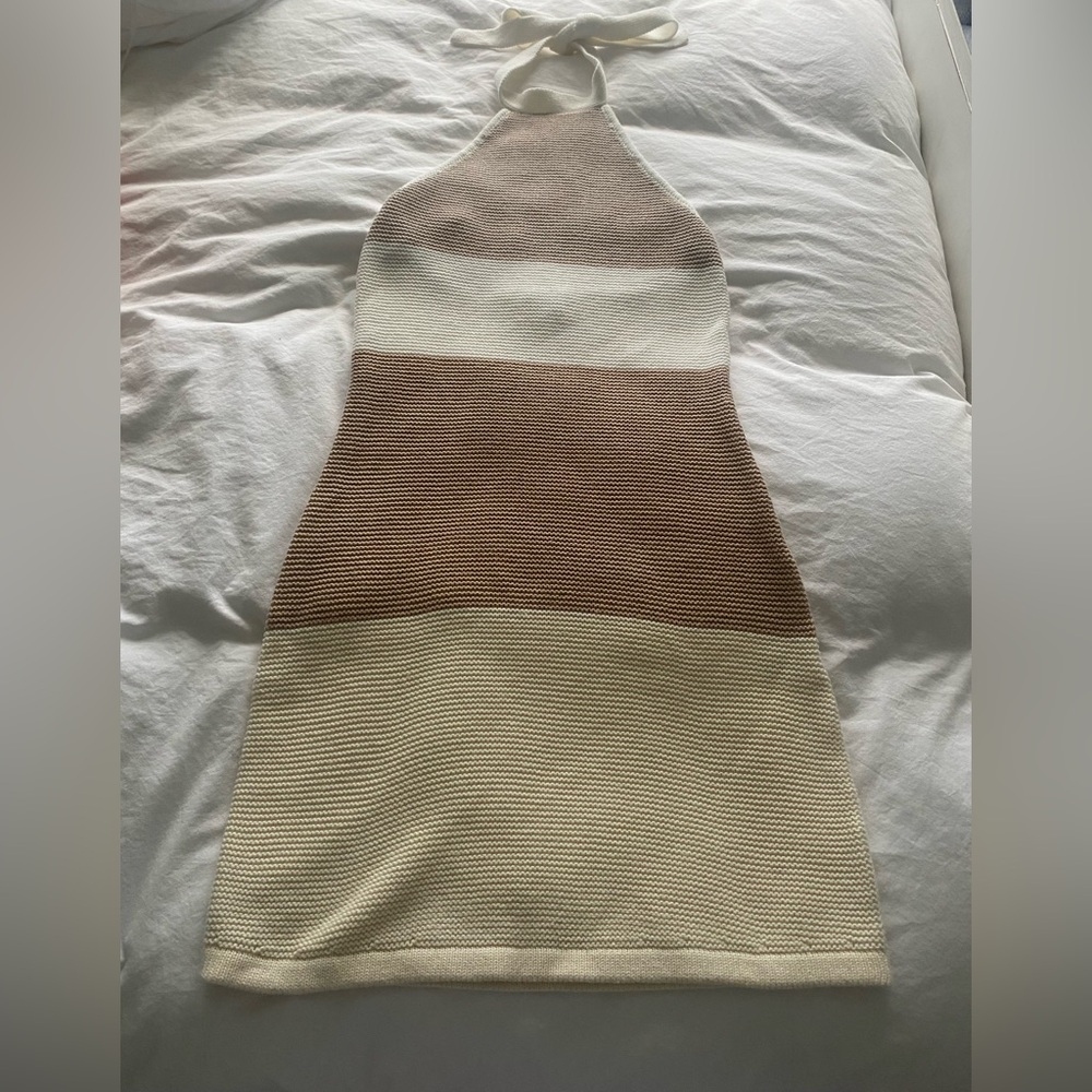 Striped Halter Neck Knit Dress - Cream and Brown